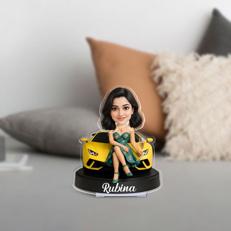 Personalized Yellow car leady Booblehead Caricature for Girls Battery Powered Moving Head Feature | Birthday Gift for Daughter, Sister, Mom & Lady Boss | Tabletop Decor